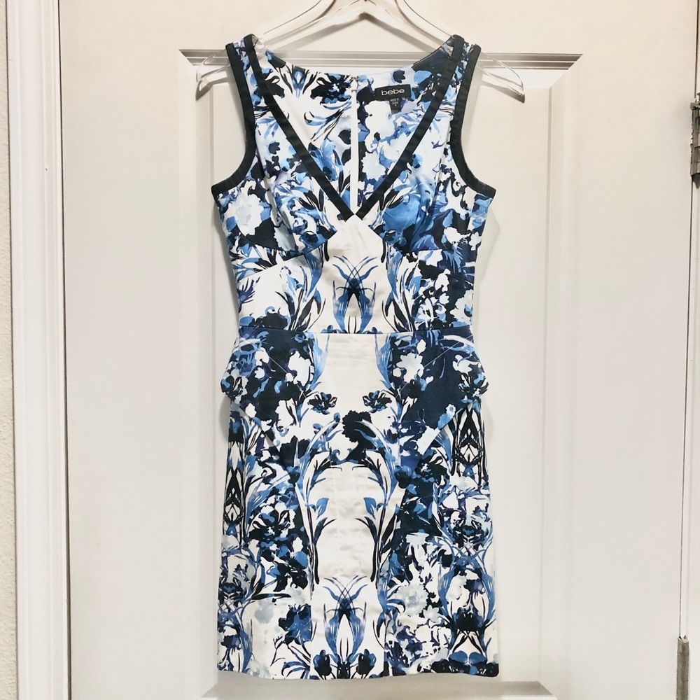 BeBe Cobalt Blue and Black Floral Sleeveless Dress